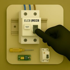 3D icon displaying gloved hand pressing "Test" button on ELCB/RCCB breaker installed on distribution board, along with voltage tester and backup breaker on beige plate for testing and repair service by Chago Partners in Chandigarh, Mohali, Panchkula.