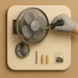 3D icon showing wall-mounted oscillating fan mid-installation, gloved hand tightening bracket screws with screwdriver, with drill bit, screw packet, and wall plugs on beige plate for wall fan installation by Chago Partners in Mohali, Chandigarh, Panchkula.