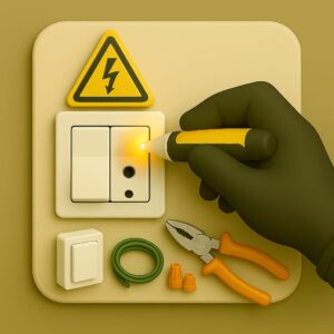3D icon displaying gloved hand employing non-contact voltage tester on socket with yellow ⚡ hazard warning, earthing wire coil and insulated pliers on beige plate for repair service by Chago Partners in Chandigarh, Mohali, Panchkula.