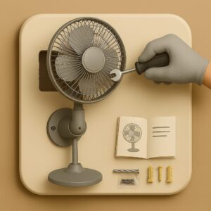 3D icon showing pedestal fan with adjustable stand mid-installation, gloved hand tightening fan head with wrench, with instruction manual and screw packet on beige plate for pedestal fan installation by Chago Partners in Chandigarh, Panchkula, Mohali.