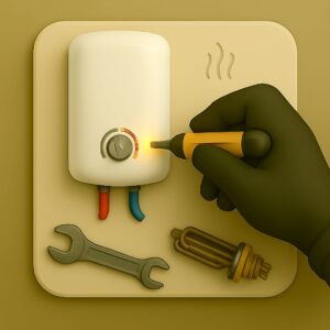 3D icon illustrating gloved hand repairing thermostat wiring of wall-mounted water geyser using insulated screwdriver, wrench and replacement heating element on beige plate for repair service by Chago Partners in Chandigarh, Mohali, Panchkula.