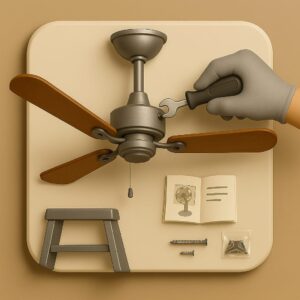 3D icon showing ceiling fan with tilted blades mid-installation, gloved hand tightening rod bracket using wrench, with insulation tape roll and screw packet on beige plate for ceiling fan installation by Chago Partners in Chandigarh, Mohali, Panchkula.