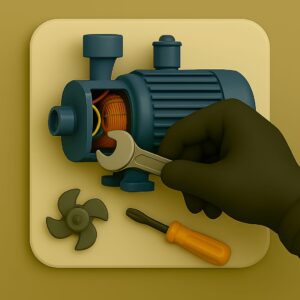 3D icon depicting gloved hand torquing water pump motor connection with wrench, open side with copper coil, spare impeller blade and screwdriver on beige plate for repair service by Chago Partners in Chandigarh, Mohali, Panchkula.