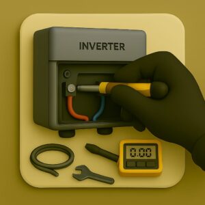 3D icon depicting gloved hand tightening terminal battery within open home inverter device using insulated screwdriver, extra battery cable and multimeter lying on beige plate for repair service by Chago Partners in Chandigarh, Mohali, Panchkula.