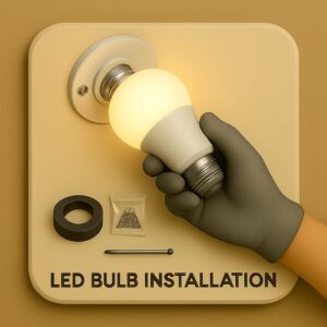 3D icon showing LED bulb mid-installation into ceiling socket, gloved hand twisting bulb, with screw packet and insulation tape on beige plate for LED bulb installation by Chago Partners in Chandigarh, Panchkula, Mohali.