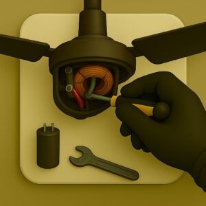 3D icon depicting gloved hand fixing wiring within open ceiling fan motor casing with screwdriver, spare capacitor and wrench resting on beige plate for repair service by Chago Partners in Chandigarh, Mohali, Panchkula.