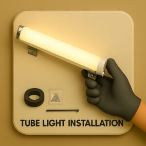 3D icon showing tube light being fixed into wall mount brackets, gloved hand lifting one side into clip, with screw packet and insulation tape on beige plate for tube light installation by Chago Partners in Mohali, Chandigarh, Panchkula.