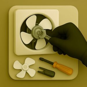 3D icon displaying gloved hand tightening exhaust fan blade hub on motor shaft with wrench, spare fan blade and screwdriver on beige plate for repair service by Chago Partners in Chandigarh, Mohali, Panchkula.
