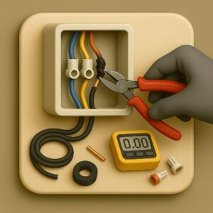Gloved electrician repairing wiring and fixing a short circuit in a junction box using pliers, with tools like a digital meter, tape, and connectors.