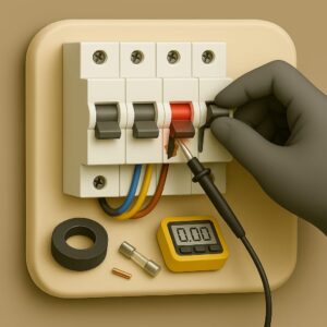 Electrician performing emergency electrical repair using pliers to fix wiring inside a junction box, with tools and safety equipment.