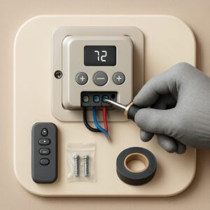 3D icon showing a standard rectangular switch box with multiple wire entry points in partial installation, gloved hand tightening color-coded wires using screwdriver, with screw packet, insulation tape, and small electrical safety warning symbol placed neatly on beige plate for switch box installation by Chago Partners in Chandigarh, Mohali, Panchkula.