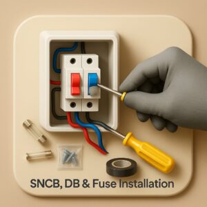3D icon showing a compact single-phase DB box with two visible MCB switches in partial installation, gloved hand tightening wire terminal using screwdriver, with screw packet, insulation tape, and glass fuse neatly placed on beige plate for single phase DB installation by Chago Partners in Chandigarh, Panchkula, Mohali.
