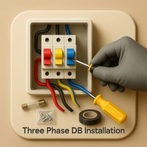 3D icon showing a three-phase DB box with three colored MCB switches in partial installation, gloved hand tightening wire terminals using screwdriver, with screw packet, insulation tape, and fuse neatly placed on beige plate for three phase DB installation by Chago Partners in Mohali, Chandigarh, Panchkula.