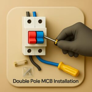 3D icon showing a double pole MCB switch with two linked levers in red and blue, gloved hand tightening wire terminals using screwdriver, with screw packet, insulation tape, and fuse neatly placed on beige plate for double pole MCB installation by Chago Partners in Chandigarh, Mohali, Panchkula.