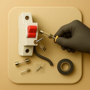 3D icon showing a small DB box with one MCB switch and removable glass fuse tube in half-disconnected state, gloved hand using screwdriver to remove fuse terminal, with spare fuse, screw packet, and insulation tape neatly placed on beige plate for MCB and fuse replacement by Chago Partners in Panchkula, Chandigarh, Mohali.