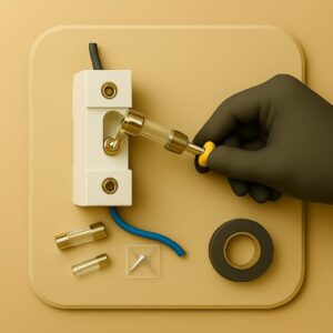 3D icon showing a fuse holder with transparent glass fuse tube being aligned into metallic terminals, gloved hand tightening screw with screwdriver, with spare fuse, screw packet, and insulation tape placed neatly on beige plate for fuse setup by Chago Partners in Chandigarh, Mohali, Panchkula.