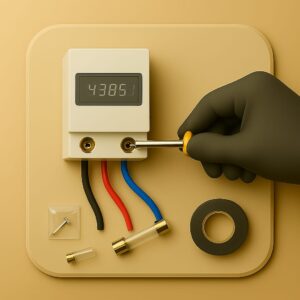3D icon showing a compact digital sub meter with numeric display partially mounted, gloved hand tightening wire terminal using screwdriver, with screw packet, insulation tape, and spare fuse placed neatly on beige plate for sub meter installation by Chago Partners in Mohali, Panchkula, Chandigarh.