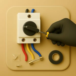 3D icon showing a three-phase changeover switch unit with rotary knob connected to thick red, yellow, and blue wires, gloved hand tightening terminal using screwdriver, with screw packet, insulation tape, and spare fuse neatly placed on beige plate for 3 phase changeover switch installation by Chago Partners in Chandigarh, Panchkula, Mohali.