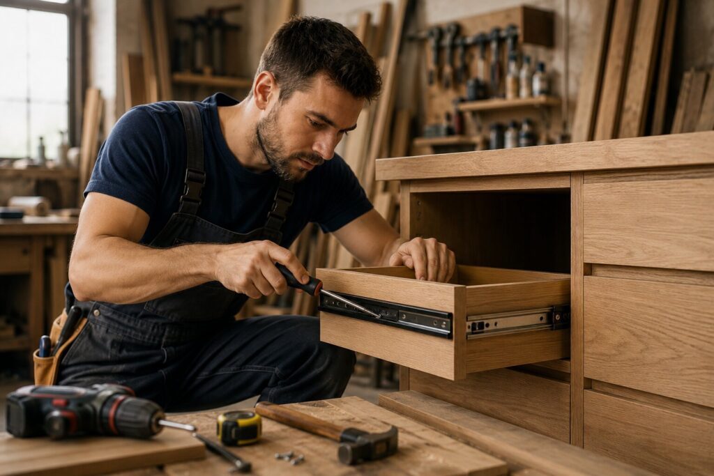 Professional carpenter smoothing wooden panel