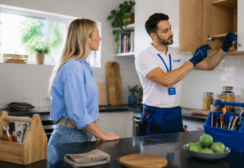 Carpenter repairing kitchen cabinet professionally