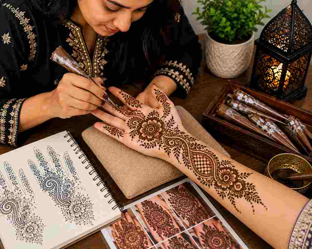 Professional Mehndi Artist Creating Designs